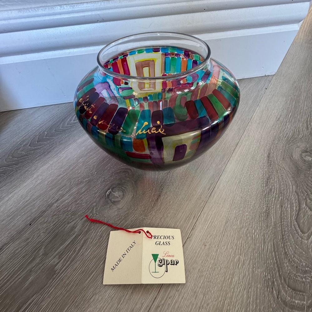 Vibrant Multicolor Mouth Blown Hand Painted Glass Vase by designer G. Butteri